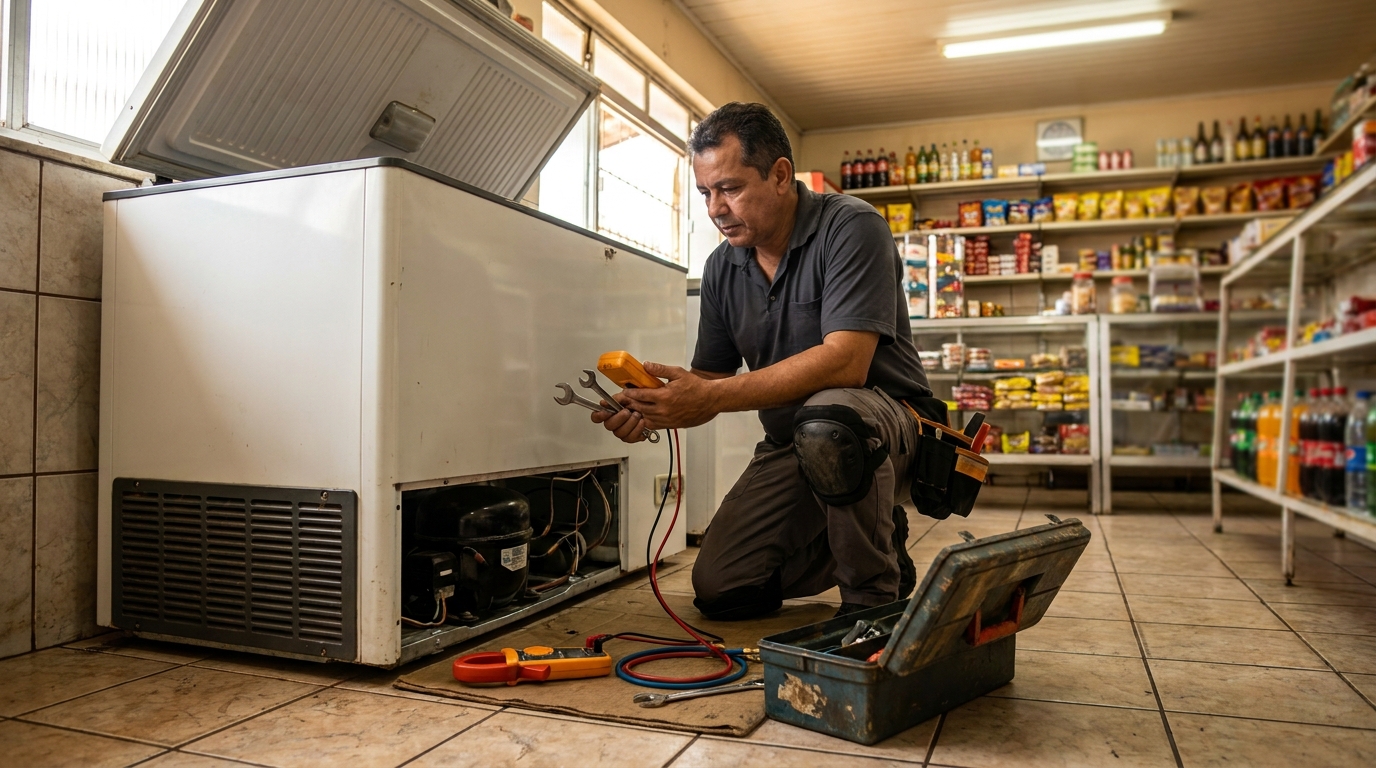 Técnico reparando o motor de um freezer horizontal em Cuiabá‑MT